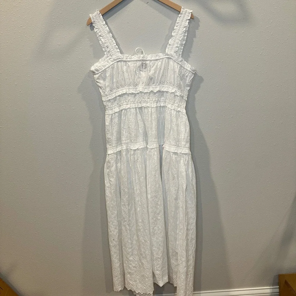 NWT GAP x DOEN Eyelet Midi Dress Women Large White Smocked Tiered Cottagecore - Picture 2 of 16